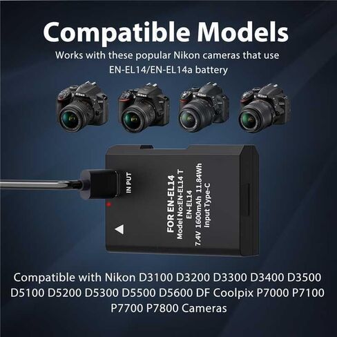 LP EN-EL14 EN-EL14a Battery 1600mAh 2-Pack with USB-C Fast Charging Cable for Nikon D3100 D3200 D3300 D3400 D3500 D5100 D5200 D5300 D5500 D5600 DF Coolpix P7000 P7100 P7700 P7800 Cameras in Kuwait