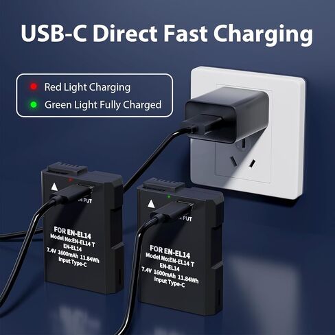 LP EN-EL14 EN-EL14a Battery 1600mAh 2-Pack with USB-C Fast Charging Cable for Nikon D3100 D3200 D3300 D3400 D3500 D5100 D5200 D5300 D5500 D5600 DF Coolpix P7000 P7100 P7700 P7800 Cameras in Kuwait