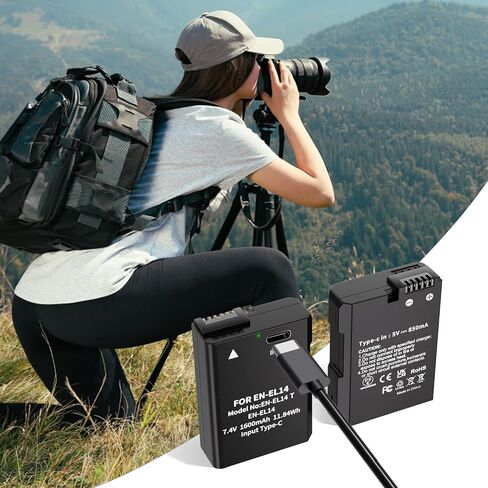 LP EN-EL14 EN-EL14a Battery 1600mAh 2-Pack with USB-C Fast Charging Cable for Nikon D3100 D3200 D3300 D3400 D3500 D5100 D5200 D5300 D5500 D5600 DF Coolpix P7000 P7100 P7700 P7800 Cameras in Kuwait