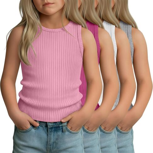 4 Pack Toddler Girl Tank Tops | 18M-5T, Ribbed Knit, Sleeveless, Crewneck Undershirts, Summer Basic Stretch Tees, Toddler Girl, Baby, Kids, Soft, Layering in Kuwait