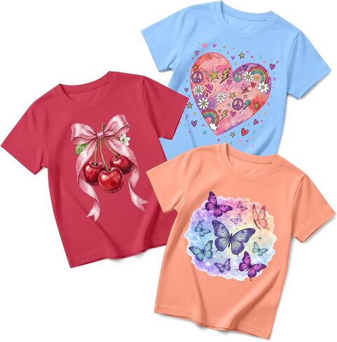 Xaatren 3 Pack Toddler Girls T Shirts Baby Short Sleeve Cotton Graphic Tops | 18m-5t, Crewneck, Summer Outfits, Soft Fabric, 90% Cotton 10% Spandex, Cute Print, Bow Unicorn Butterfly Strawberry, Y2k Tees in Kuwait