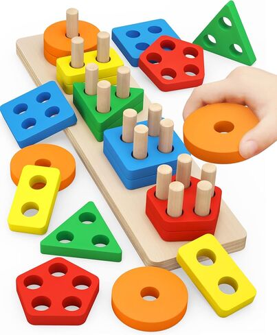 PEBIRA Montessori Toys for 1 to 3-Year-Old Boys Girls Toddlers, Wooden Sorting & Stacking Toys for Toddlers and Kids Preschool, Educational Color Recognition Shape Sorter, Learning Puzzles Gift in Kuwait
