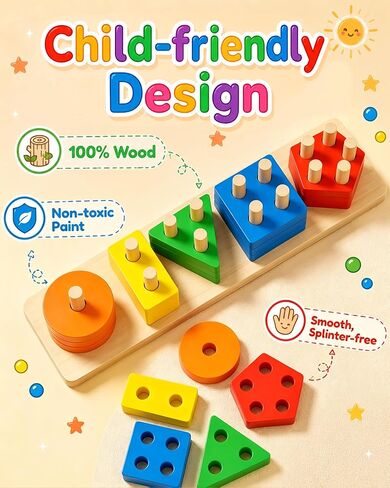 PEBIRA Montessori Toys for 1 to 3-Year-Old Boys Girls Toddlers, Wooden Sorting & Stacking Toys for Toddlers and Kids Preschool, Educational Color Recognition Shape Sorter, Learning Puzzles Gift in Kuwait