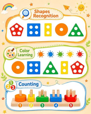 PEBIRA Montessori Toys for 1 to 3-Year-Old Boys Girls Toddlers, Wooden Sorting & Stacking Toys for Toddlers and Kids Preschool, Educational Color Recognition Shape Sorter, Learning Puzzles Gift in Kuwait