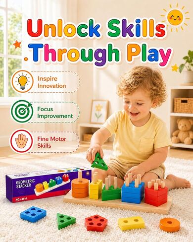 PEBIRA Montessori Toys for 1 to 3-Year-Old Boys Girls Toddlers, Wooden Sorting & Stacking Toys for Toddlers and Kids Preschool, Educational Color Recognition Shape Sorter, Learning Puzzles Gift in Kuwait