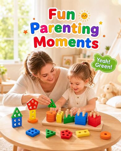 PEBIRA Montessori Toys for 1 to 3-Year-Old Boys Girls Toddlers, Wooden Sorting & Stacking Toys for Toddlers and Kids Preschool, Educational Color Recognition Shape Sorter, Learning Puzzles Gift in Kuwait
