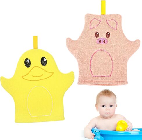 Baby Bath Mitt 2 Pack, Soft Cotton Animal Wash Gloves | Pig & Duck Design, For Toddlers Body Face, Gentle Skin Scrubber, Pink and Yellow in Kuwait