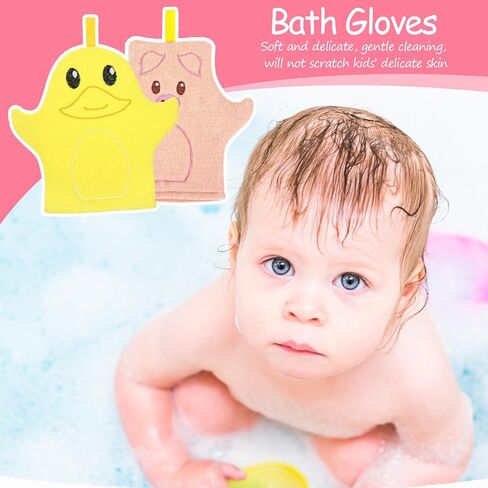 Baby Bath Mitt 2 Pack, Soft Cotton Animal Wash Gloves | Pig & Duck Design, For Toddlers Body Face, Gentle Skin Scrubber, Pink and Yellow in Kuwait