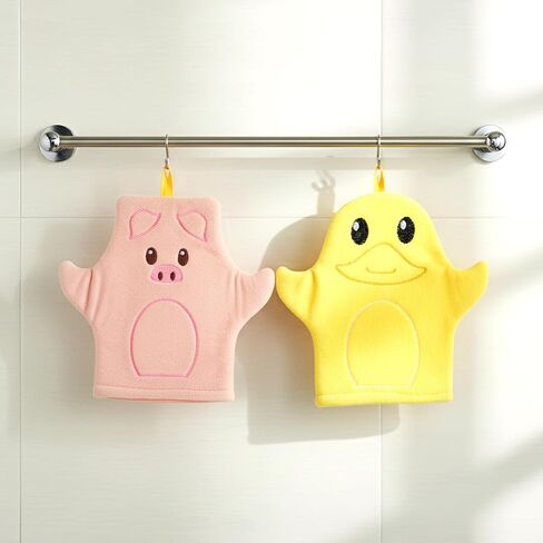 Baby Bath Mitt 2 Pack, Soft Cotton Animal Wash Gloves | Pig & Duck Design, For Toddlers Body Face, Gentle Skin Scrubber, Pink and Yellow in Kuwait