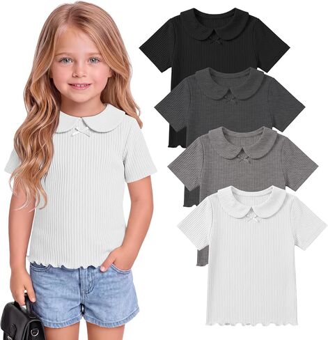Yooo's Vivi 4 Pack Girls Doll Collared Shirt Toddler Short Sleeve Tops Kids Ribbed Lettuce Trim Casual School Uniform Blouse in Kuwait