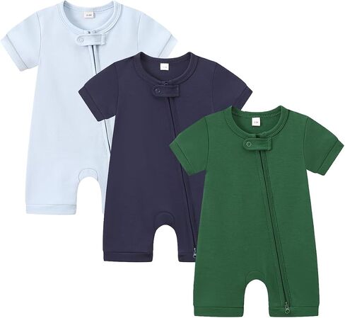 Bafeicao 3 Pack Baby Boy Girl Short Sleeve Rompers | 2 Way Zipper Romper, Soft Cotton, Solid, Unisex, Summer, One Piece Jumpsuits Clothes in Kuwait