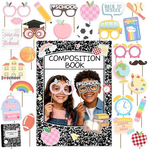 Back to School Photo Props, 28Pcs Back to School Decorations with Composition Notebook Photo Frame Sticks First Day of School Photo Props Welcome Back to School Party Decorations for Classroom Home in Kuwait