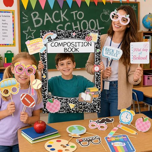 Back to School Photo Props, 28Pcs Back to School Decorations with Composition Notebook Photo Frame Sticks First Day of School Photo Props Welcome Back to School Party Decorations for Classroom Home in Kuwait