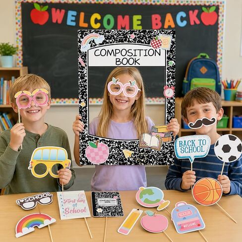 Back to School Photo Props, 28Pcs Back to School Decorations with Composition Notebook Photo Frame Sticks First Day of School Photo Props Welcome Back to School Party Decorations for Classroom Home in Kuwait