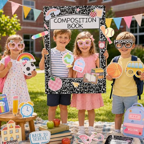 Back to School Photo Props, 28Pcs Back to School Decorations with Composition Notebook Photo Frame Sticks First Day of School Photo Props Welcome Back to School Party Decorations for Classroom Home in Kuwait