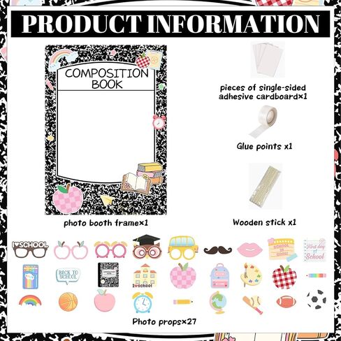 Back to School Photo Props, 28Pcs Back to School Decorations with Composition Notebook Photo Frame Sticks First Day of School Photo Props Welcome Back to School Party Decorations for Classroom Home in Kuwait
