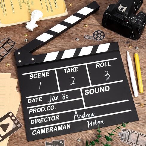 Movie Film Clap Board, 10.4 x 11.8 Inches Wooden Film Director Clapboard with 2 Pcs Whiteboard Pens, Hollywood Clapper Board for Studio, Video, TV, Photography Props in Kuwait