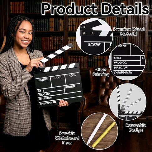 Movie Film Clap Board, 10.4 x 11.8 Inches Wooden Film Director Clapboard with 2 Pcs Whiteboard Pens, Hollywood Clapper Board for Studio, Video, TV, Photography Props in Kuwait