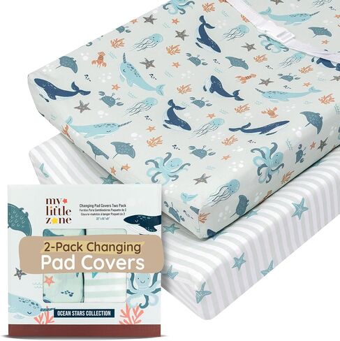 Baby Changing Pad Covers Table Sheet 32"x 16", 8" Deep Pocket - Diaper Cotton Dinosaur Changing Pad Cover, 100% Cotton Cover Sheets 2 Pack, Dino Baby Sheets, Designed in France, Dino Safari in Saudi Arabia