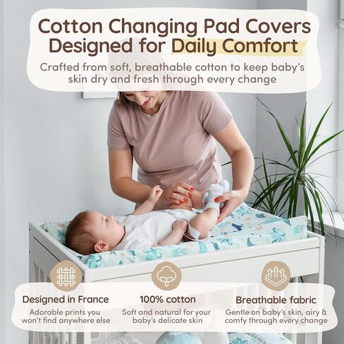 Baby Changing Pad Covers Table Sheet 32"x 16", 8" Deep Pocket - Diaper Cotton Dinosaur Changing Pad Cover, 100% Cotton Cover Sheets 2 Pack, Dino Baby Sheets, Designed in France, Dino Safari in Saudi Arabia
