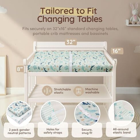 Baby Changing Pad Covers Table Sheet 32"x 16", 8" Deep Pocket - Diaper Cotton Dinosaur Changing Pad Cover, 100% Cotton Cover Sheets 2 Pack, Dino Baby Sheets, Designed in France, Dino Safari in Saudi Arabia