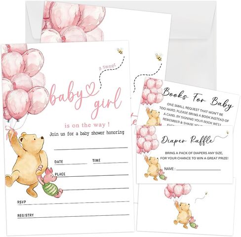 Winnie Baby Shower Invites with Book & Diaper Cards, A Sweet Baby Is on the Way Baby Shower Invitations, 25PCS Fill-In Invites with Envelopes for Girl Boy Baby Shower Gender Reveal Party Decor-B28 in Kuwait