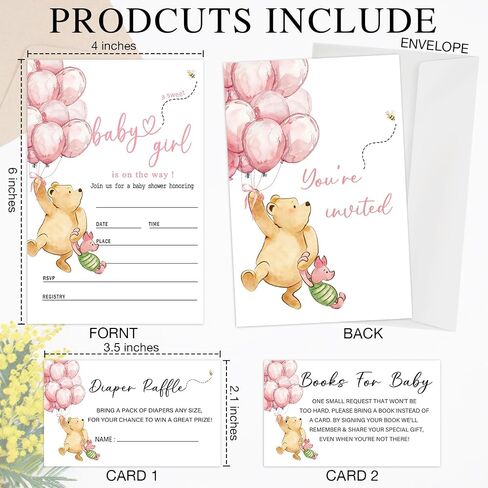 Winnie Baby Shower Invites with Book & Diaper Cards, A Sweet Baby Is on the Way Baby Shower Invitations, 25PCS Fill-In Invites with Envelopes for Girl Boy Baby Shower Gender Reveal Party Decor-B28 in Kuwait