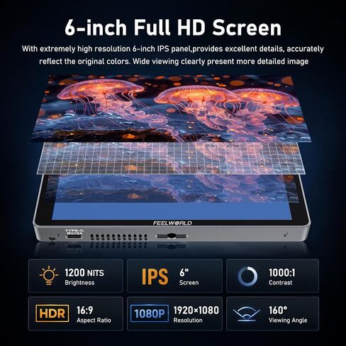 FEELWORLD P6XL (2026 NEW) 6 Inch Field Monitor, 1200nit Touchscreen Camera Monitor, 4K HDMI Input, Aluminum Alloy Body with Cooling Fan, 3D LUT Waveform HDR for DSLR Mirrorless Cameras in Kuwait