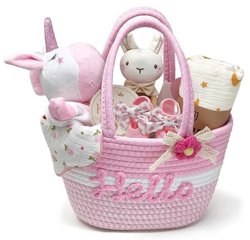 Golray Baby Girl Gifts for Baby Shower, Newborn Baby Girl Gift Basket with Unicorn Lovey Hand Puppet, Muslin Swaddle Blanket, Baby Rattle, Bib, Socks, Milestone Sign, Welcome Baby Gift Set for Girls in Kuwait