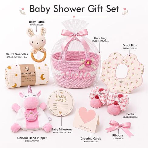 Golray Baby Girl Gifts for Baby Shower, Newborn Baby Girl Gift Basket with Unicorn Lovey Hand Puppet, Muslin Swaddle Blanket, Baby Rattle, Bib, Socks, Milestone Sign, Welcome Baby Gift Set for Girls in Kuwait