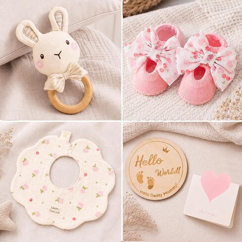 Golray Baby Girl Gifts for Baby Shower, Newborn Baby Girl Gift Basket with Unicorn Lovey Hand Puppet, Muslin Swaddle Blanket, Baby Rattle, Bib, Socks, Milestone Sign, Welcome Baby Gift Set for Girls in Kuwait