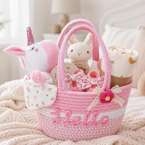 Golray Baby Girl Gifts for Baby Shower, Newborn Baby Girl Gift Basket with Unicorn Lovey Hand Puppet, Muslin Swaddle Blanket, Baby Rattle, Bib, Socks, Milestone Sign, Welcome Baby Gift Set for Girls in Kuwait