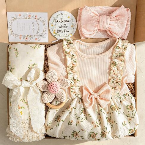 Baby Girl Gifts–Vintage Floral Baby Gifts for Girls,Newborn Baby Girl Gift Set with Cotton Romper & Headband,Fringed Swaddle Blanket,Crochet Flower Rattle–Baby Shower Gifts for Girls in Kuwait