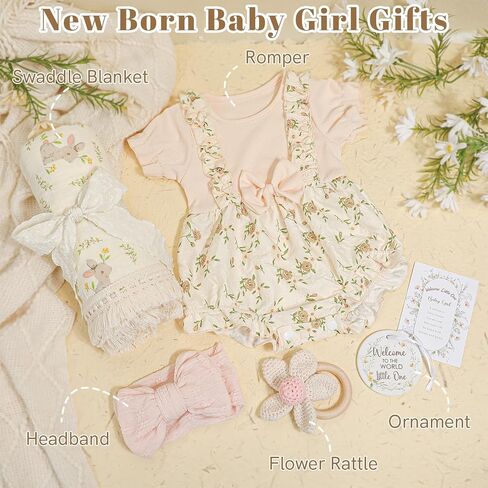 Baby Girl Gifts–Vintage Floral Baby Gifts for Girls,Newborn Baby Girl Gift Set with Cotton Romper & Headband,Fringed Swaddle Blanket,Crochet Flower Rattle–Baby Shower Gifts for Girls in Kuwait