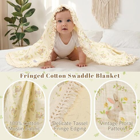 Baby Girl Gifts–Vintage Floral Baby Gifts for Girls,Newborn Baby Girl Gift Set with Cotton Romper & Headband,Fringed Swaddle Blanket,Crochet Flower Rattle–Baby Shower Gifts for Girls in Kuwait