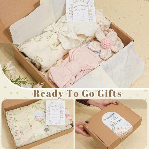 Baby Girl Gifts–Vintage Floral Baby Gifts for Girls,Newborn Baby Girl Gift Set with Cotton Romper & Headband,Fringed Swaddle Blanket,Crochet Flower Rattle–Baby Shower Gifts for Girls in Kuwait