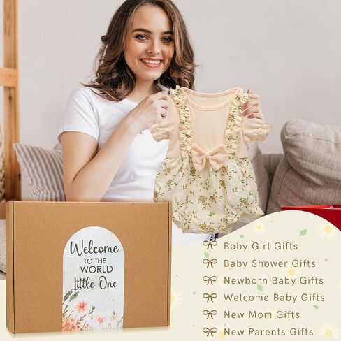 Baby Girl Gifts–Vintage Floral Baby Gifts for Girls,Newborn Baby Girl Gift Set with Cotton Romper & Headband,Fringed Swaddle Blanket,Crochet Flower Rattle–Baby Shower Gifts for Girls in Kuwait