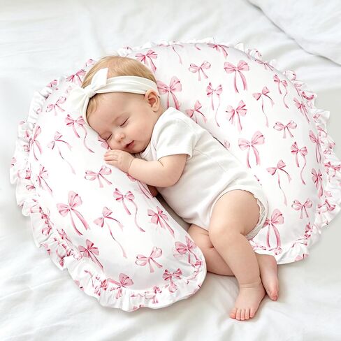 Ruffled Nursing Pillow Cover, Removable Nursing Covers for Breastfeeding Pillows, Stretchy and Soft Fit for Baby Girls Boys Newborn, Pink Bow(Only Cover) in Kuwait