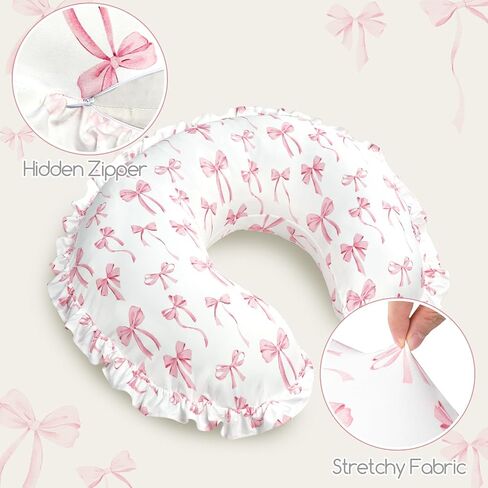 Ruffled Nursing Pillow Cover, Removable Nursing Covers for Breastfeeding Pillows, Stretchy and Soft Fit for Baby Girls Boys Newborn, Pink Bow(Only Cover) in Kuwait