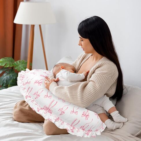 Ruffled Nursing Pillow Cover, Removable Nursing Covers for Breastfeeding Pillows, Stretchy and Soft Fit for Baby Girls Boys Newborn, Pink Bow(Only Cover) in Kuwait