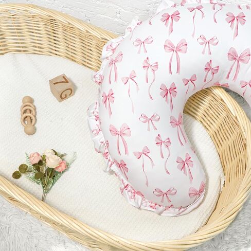 Ruffled Nursing Pillow Cover, Removable Nursing Covers for Breastfeeding Pillows, Stretchy and Soft Fit for Baby Girls Boys Newborn, Pink Bow(Only Cover) in Kuwait
