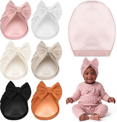 6 Pcs Baby Satin Bonnet for 6-12 Months Infant Silky Satin Lined Stretchy Baby Turban Hats with Bow for Girls Boys in Kuwait