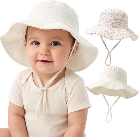 2-Pack Baby Sun Hat Muslin Cotton UPF 50+ Sun Protection Toddler Bucket Hat with Wide Brim for Girls Boys Summer Beach Hats in Kuwait