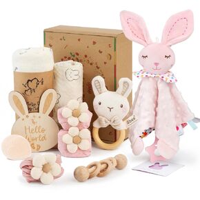 Baby Girl Gift Set for Baby Shower - 10 Piece Newborn Present Box with Muslin Swaddle Blanket, Rabbit Security Blanket, Wooden Rattles, Flower Headband, Socks, Card and Brush for Baby Girl Shower in Kuwait