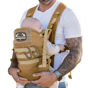 Dad Baby Carrier for Men with Adjustable Hip Snaps - Soft Infant Carrier Magnetic Sunshade Protector, Newborn Bibs, 2 Carabiners, Removable Waist Strap Holds Babies and Infants Up to 44 Lbs Tan in Kuwait