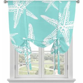 Coastal Starfish Tie Up Curtains for Kitchen Bedroom Living Room Windows, Aqua Nautical Minimalist Beach Cartoon Adjustable Tie-Up Shade Rod Pocket Curtain Valance Drape 1 Panel, 52"x63" in Kuwait
