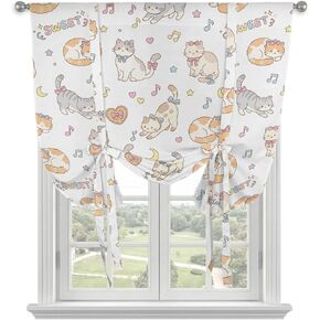 Cartoon Cats Tie Up Curtains for Kitchen Bedroom Living Room Windows, Cute Animals Music Love Heart Adjustable Tie-Up Shade Rod Pocket Curtain Valance Drape 1 Panel, 34"x45" in Kuwait