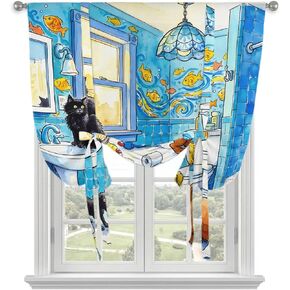 Cartoon Animals Tie Up Curtains for Kitchen Bedroom Living Room Windows, Funny Colorful Dogs Cat Fish Blue Wall Adjustable Tie-Up Shade Rod Pocket Curtain Valance Drape 1 Panel, 52"x63" in Kuwait