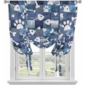 Coastal Fish Tie Up Curtains for Kitchen Bedroom Living Room Windows, Cartoon Love Heart Bones Animals Paw Print Adjustable Tie-Up Shade Rod Pocket Curtain Valance Drape 1 Panel, 52"x45" in Kuwait
