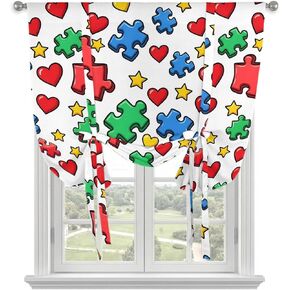 Colorful Cartoon Jigsaw Tie Up Curtains for Kitchen Bedroom Living Room Windows, Red Green Yellow Heart Stars Adjustable Tie-Up Shade Rod Pocket Curtain Valance Drape 1 Panel, 52"x63" in Kuwait